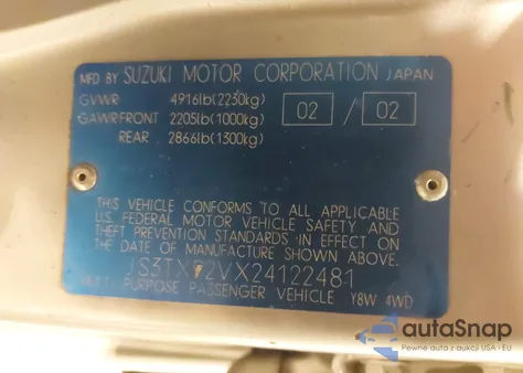 2002 Suzuki Xl-7 Limited/Plus/Standard/Touring z USA, uszkodzony, nr VIN JS3TX92VX24122481